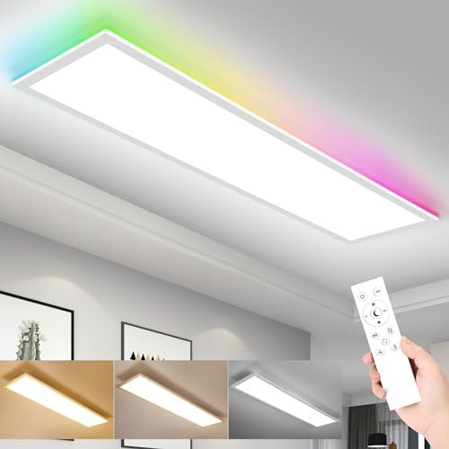 IEGLED LED Panel Ceiling Light, 100 x 25 cm Ceiling Light Flat Dimmable RGB Backlight with Remote Control, 30 W Ceiling Panel Lamp with 3300 lm, 3000 K - 6500 K LED Panel for Living Room, Hallway,