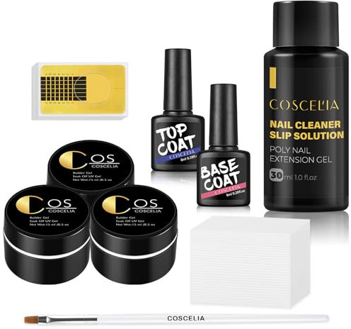 COSCELIA Kit de U-V Ge Construcción 3PCS Gel de Extensión de Uñas 15ML de Uñas con 30ML Slip Solution y Base Coat Top Coat Kit Profesional de Uñas