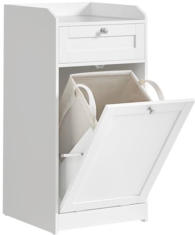 VASAGLE Meuble de Salle de Bain, Panier à Linge, Placard de Rangement, avec Sac Intérieur Amovible avec Poignées, 1 Tiroir et 1 Panier à Linge, 40 x 40 x 80,2 cm, Blanc Nuage BBC741W01