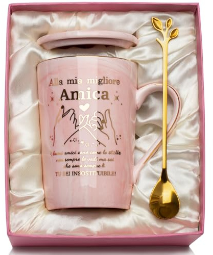 YIKILYLIFE Regalo Amica, Regalo Amica Natale Originale, Regal-o Amic-a Compleanno Tazza in Ceramica Marmo 14Oz, Idee Regali Amic-a, Regal-o Migliore Ami-ca Natale, con Coperchio, Cucchiaio, Biglietto