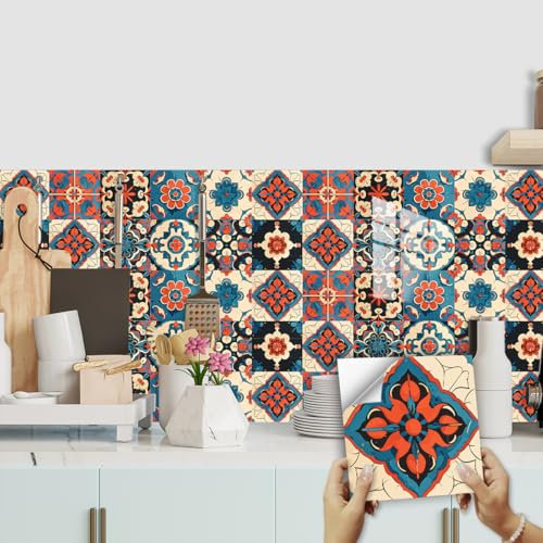 Tile Stickers Red Blue Stick on Tiles PVC Peel and Stick Tiles Kitchen Waterproof Bathroom Decor Kitchen Tile Stickers Oil Proof DIY Self Adhesive Wall Tiles10 PC(20x20cm)