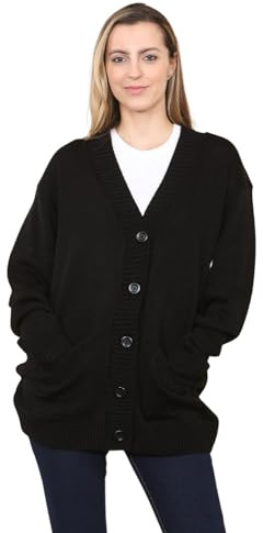 Womens Grandad Cardigan, Ladies Plain V Neck Long Sleeve Open Front 5 Button Longline Oversized with 2 Front Pockets Knitted Sweater UK Plus Size 8-26, (Black - 16-18)