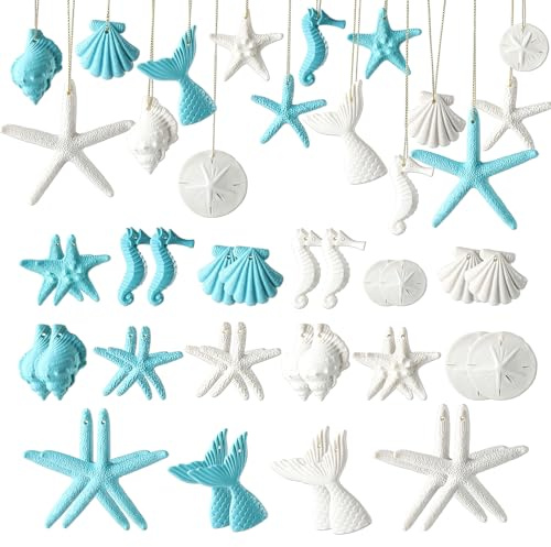 Fangoo 32Pcs Beach Theme Ornaments Resin for Christmas Tree Seashells Starfish Seahorse Couch Mermaid Tail Sand Dollar Shape Hanging for Summer Seaside Holiday Birthday Party Bathroom Decorations