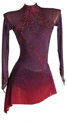 AAYXIN Glitzer Eiskunstlauf Kleid Damen Langarm Kürkleid Mit Strass Rollkunstlauf Wettbewerb Tanzanzug einfaches, großzügiges Eiskunstlaufkleid für Damen,Rot,S
