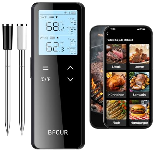 BFOUR BF-80 - Termómetro inalámbrico para carne con Bluetooth y WiFi, termómetro para barbacoa con 2 sondas, 6 sensores, IP67 resistente al agua, botón táctil, control de aplicaciones, termómetro para