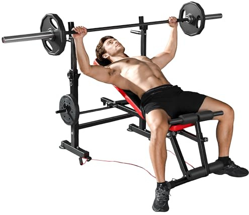 SPORTNOW Banc de musculation complet multifonction avec dossier réglable, repose-jambes, sangles d'entraînement et support de poids, banc developper coucher à plat ou incliné entraînement fitness