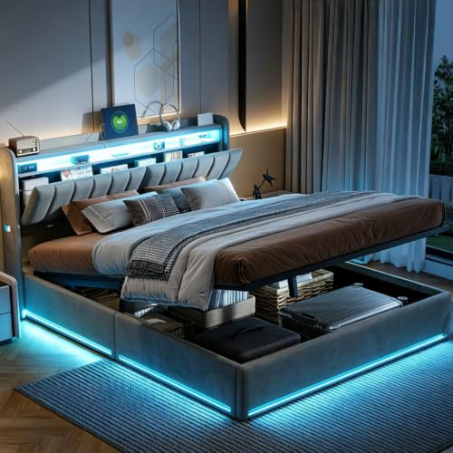 Cama tapizada 160x200 con LED y espacio de almacenamiento, cama doble con somier, cama con almacenamiento hidráulico, cama tapizada con cajones de terciopelo, cama de muelles 160x200 sin colchón, cama