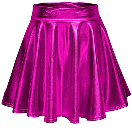 EXCHIC Femmes Métallisée Shiny Taille élastique Mini Jupe élégante A-Ligne Patineur Jupe(M, Rose Rouge)