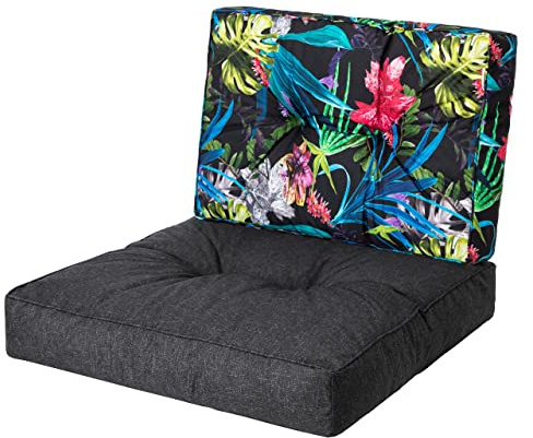 HOBBYGARDEN Outdoor Kissen KAJA 50x50 cm, Schwarz + Bunte Blätter – Bequemes Sitzpolster für Gartenmöbel, Balkon & Hollywoodschaukel | Palettenkissen & Stuhlkissen für Indoor & Außen