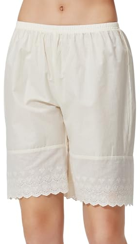 BEAUTELICATE Women’s Pettipants Pantaloons 100% Cotton Culottes Slips Petticoat Anti Cling Cooling Breathable Summer Pajama Shorts Bottom with Lace Trim Ivory Beige