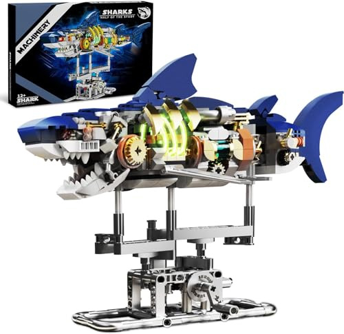QLT Building Blocks, 687PCS Mechanical Shark Building Set with Light and Display Stand, Creative Ocean Fish Animal Model Building Block Kit for Home Office Decor,Compatible with Lego,Gift for Adults