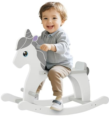 FUNLIO Caballo balancín de Madera para niños de 1 a 3 años, fácil de Montar, Encantador Caballo balancín para bebés con Asiento Largo y Respaldo, Certificado CPC y CE - Gris