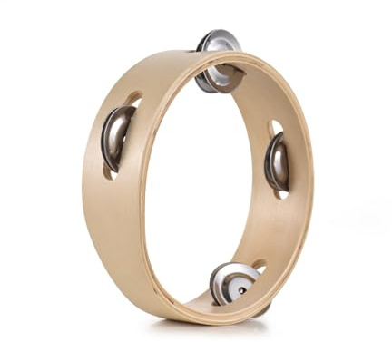 Funien 6 Inch Tambourine for Adults Pleasant Jingle Sound Hand Cranked Bell Rings Wooden Natural Color Metal Bell Sound Percussion Instruments Home School Party Supplies Single Row Wooden Tambourine