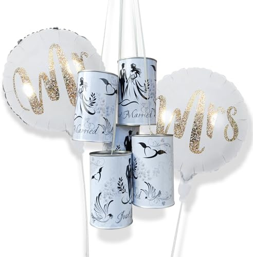 Dumeher Lot de 5 boîtes métalliques pour décoration de voiture - 12 x 7,5 cm - Avec ballons Mr&Mrs - Blanc - Pour décoration de voiture, mariage, coutumes de mariage