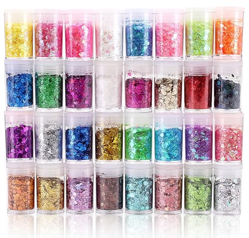 32 Stück Bastel Glitzer Set DIY Glitzerpulver zum Basteln Klobige Pailletten Glitzer Basteln für Epoxidharz Dekoration, Nagelkunst, Masquerade, Karten, Papier