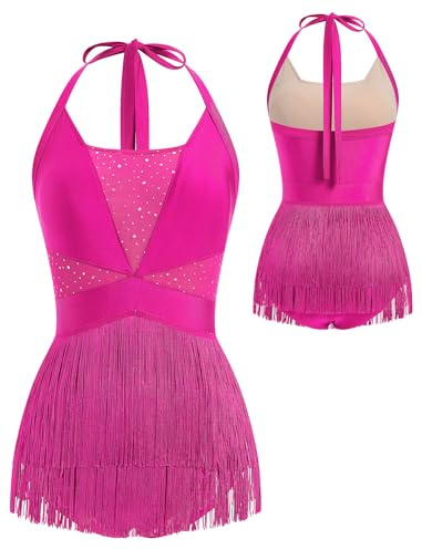 FYMNSI Women Jazze Latin Dance Costume Rhinestone Bodysuit Backless Halter V-neck One-piece Glitter Fringe Tassel Jumpsuit Ladies Music Festival Rave Pole Dance Outfit Clubwear Dancewear Hot Pink XL