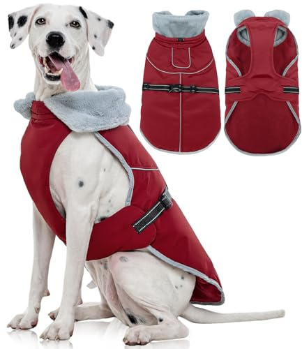 Kuoser Abrigo de invierno cálido e impermeable para perro con forro polar, chaqueta reflectante ajustable para perro, ropa suave y cómoda para perros grandes, color rojo, talla L