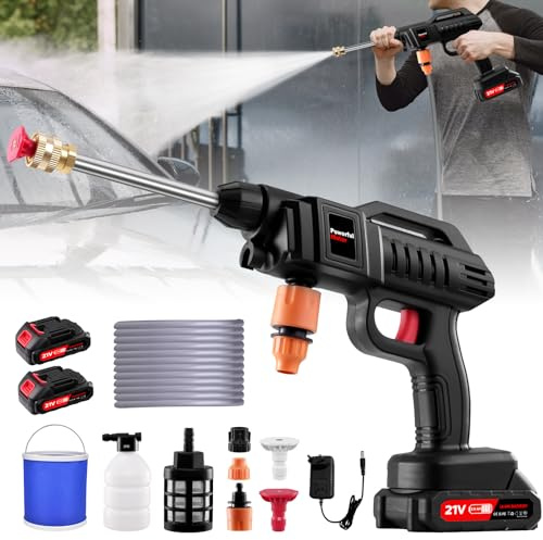 Hidrolimpiadora Inalámbrica,60Bar Hidrolimpiadora de Alta Presión,Portátil Pistola de Agua a Presión con 2 Baterías,Boquilla 3 en 1,Manguera 5m,Cubo,para Coche Cerca Piso Limpieza Riego