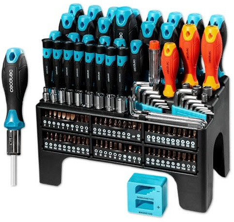 Cecotec Juego de Destornilladores 126 Piezas HardGyro 1260 Magnetic. Acero CR-V, 3 Destornilladores VDE, 60 Puntas S2, Carraca, Magnetizador, Llaves de Vaso y Allen, Buscapolos, Soporte Incluido