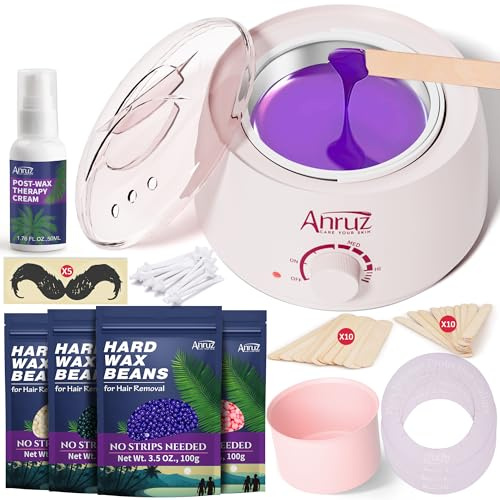 ANRUZ Waxing Kit, Pink Wax kit for Hair Removal, Wax Pot for Waxing Professional with Silicone Bowl,4 Bags Wax Beads and 20 Applicator Sticks, Post-Wax Cream-at Home Wax Machine for Full Body Waxing