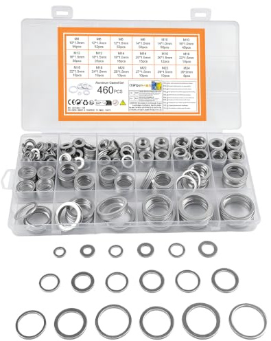 460 Pcs Oil Drain Plug Sealing Rings, Aluminum Flat Washers for Screws, Metal Washers for Bolts, Washer Hardware Assortment for Repair Plumbing Hydraulics(M6 M8 M10 M12 M14 M16 M18 M20 M22 M24)