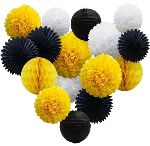ADLKGG 16Pcs Bee Party Decorations - Yellow Black White Tissue Paper Fans, Paper Lanterns, Pom Poms, Honeycomb Balls for Baby Shower, Sunflower Theme Birthday, Graduation