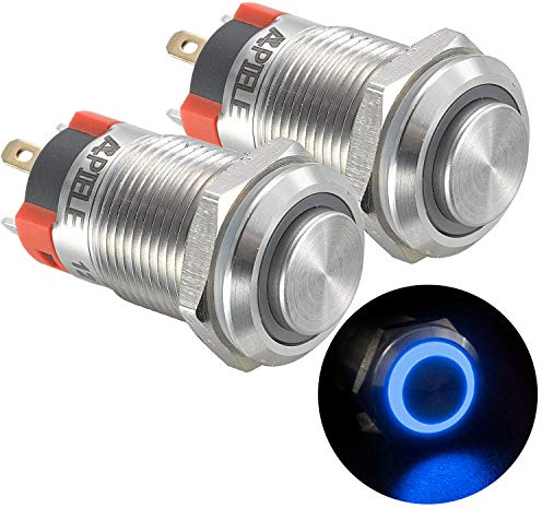 APIELE - 2 interruttori a pressione di bloccaggio da 12 mm, 12 V, in acciaio inossidabile, sporgente con illuminazione ad anello LED impermeabile, interruttori a pulsante di bloccaggio, per auto