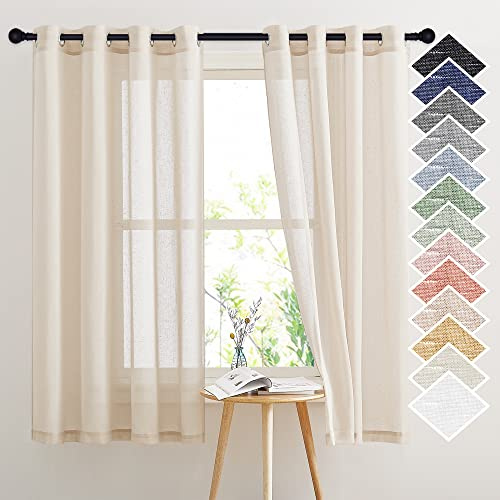 NICETOWN Natural Open Linen Weave Flax Sheer Window Curtains, Ring Top Semi Sheer Textured Drapes Privacy with Light Through for Bedroom/Kids Room, Beige, 52 Wide by 63 Long, 2 Pieces