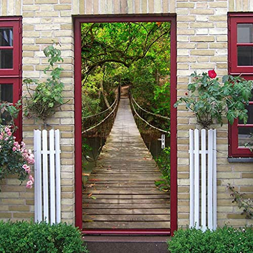 CBWRAW Retirable 3D Pegatinas Decorativas De Puerta Paisaje De Puente Colgante De Bosque Verde Pegatinas De Pared Diy Extraíble Vinilo Puerta Calcomanías Papel Tapiz Murales Póster Arte Moderno Decora