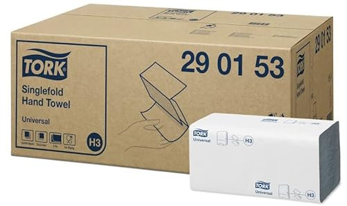 Tork 290153 Universal Singlefold Hand Towel, White, 2 Ply, 23cm Unfolded Sheet Length, Pack of 4500