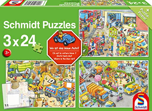 Schmidt Spiele 56416 Wo ist das Blaue Auto-3x24 Teile Kinderpuzzle, bunt