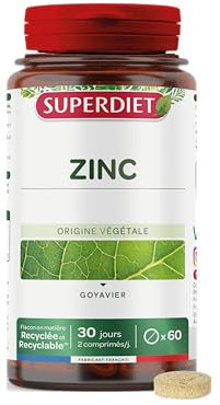 SUPERDIET - ZINC D'ORIGINE VÉGÉTALE - Peau, Cheveux, Ongles, Immunité - Fabrication française - 60 comprimés