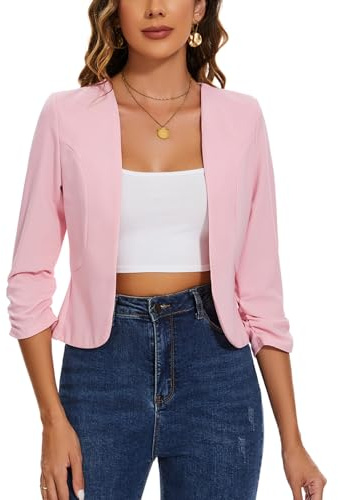 MINTLIMIT Womens Cropped Blazer Collarless Suits & Blazers Open Front Jackets 3/4 Ruched Sleeves Outerwear Half Linen Cardigan
