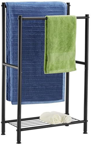 Free Standing Towel Rack, 2 Tier Towel Racks for Bathroom with Storage Shelves, Outdoor Standing Towel Drying Rack for Poolside, Black, DECLUTTR