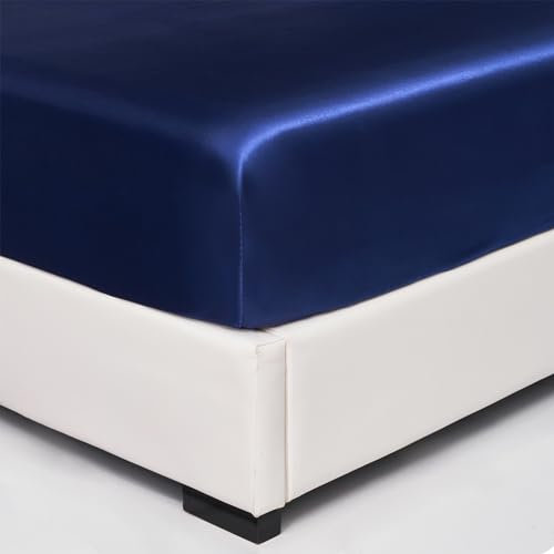 Wotcsil Satin Spannbettlaken 180x200cm Blau für Matratze Boxspringbett Topper bis 30 cm Satin Seide Spannbetttuch Bettlaken Elastisch Deluxe Unifarben Spannbetttuch Polyester-Satin