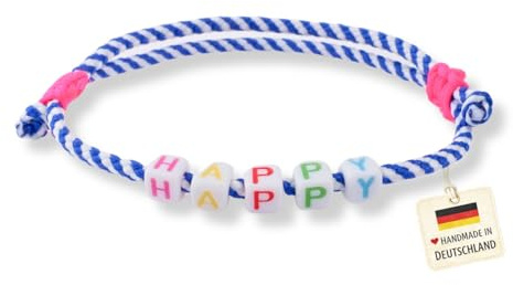 happymaker - Segeltau Armband Damen und Männer, Surfer Armband blau/weiss mit bunten Buchstaben - Happy - zwei Schiebeknoten in pink neon, größenverstellbar, wasserfest und handmade