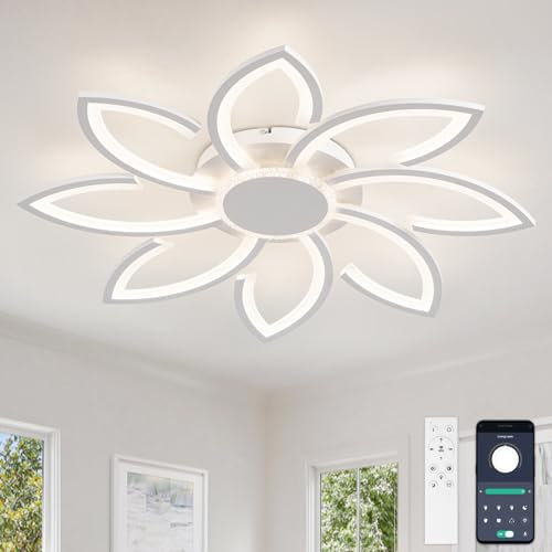 YUNLONG Led Ceiling Light with Remote Control, 31.5 Chandeliers Ceiling Light Dimmable for Living Room, 98W, 8000LM, Ceiling Lighting Fittings Flower Shape Design for Lounge, White