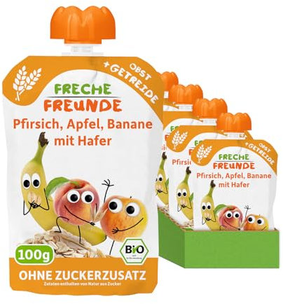 FRECHE FREUNDE Bio Quetschie Pfirsich, Apfel, Banane mit Hafer, Fruchtmus mit Getreide im Quetschbeutel für Babys ab dem 6. Monat, vegan, 6er Pack (6 x 100g)