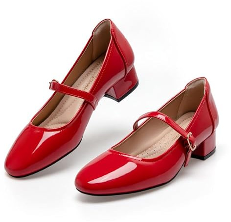 Hingswink Mary Jane Shoes White Low Heels Dress Pumps for Women - 2 Inch Chunky Heel With Adjustable Ankle Strap, Dressy Casual, Red, Size 4.5