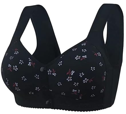 PrinStory Bras for Women Front Fastening Bras for Women Wireless Snap Closing Ladies Bras Comfort Women's Bras for The Elderly (Black Daisy, 46D)