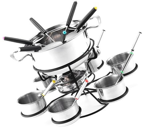 Roterande ostfondue-set – glassbricka i rostfritt stål, roterande ostgryta (färglåda), fondugryta med 6 gafflar och 6 skålar, multifunktionellt fondue-set för 6 personer, matlagningsset, kruka Au
