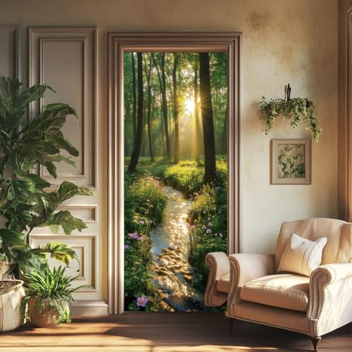 arricraft 2 Pcs Self-Adhesive Door Sticker, 31.5x78.7 Early Morning Design Door Murals Stickers with Woods Creek Sunshine Pattern PVC Door Removable Wallpaper Decoration for Bedrooms ​Living Room
