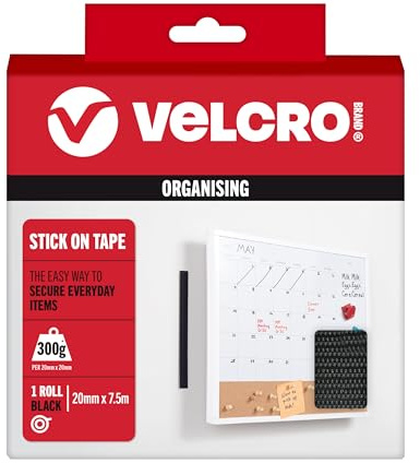 VELCRO Brand | Nastro Adesivo | Taglia su Misura con Chiusura Hook & Loop Resistente e Adesivo Biadesivo Perfetto per Decorare la Stanza e l'Uso in Casa, Ufficio, Garage | Nero | 20 mm x 7,5 m