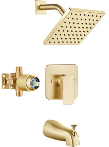 Heyalan Bathtub Shower Faucet Set, 6 Inch Square Trim Kit with Single Handle, Showerhead & Handle Set, Male Thread, with Tub Spout,Brushed Gold