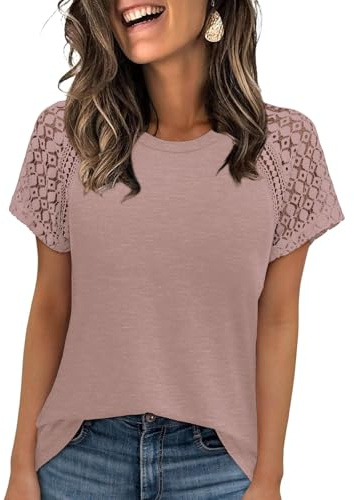 Chicrise Tshirt Femme Manches Courte Dentelle Haut Chic et Élégant Col Rond Basique Top Casual Léger