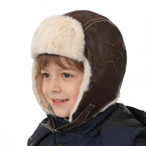 YJZQ Casquette Pilote Enfant Vintage - Bonnet Aviateur Chaud Chapka d'hiver en PU et Fausse Fourrure pour Cool Garçons & Filles (Âge 2-6 Ans)