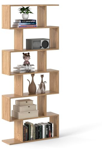 HOMASIS Libreria da Parete a 6 Livelli, Libreria Scaffale in Legno, Divisorio a Parete Multifunzionale con Design Antiribaltamento, Libreria a S per Ufficio, Salotto, 80 x 23 x 191cm (Naturale)