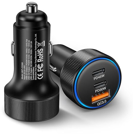 2-Pack Car Charger,93W 3 Ports Fast PD/QC 3.0 Cigarette Lighter Adapter