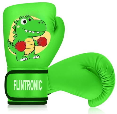 Flintronic Boxningshandskar barn, barn boxhandskar, 4 oz junior boxningshandskar, kickboxningshandskar för Muay Thai, MMA, kampsport, kickboxning, sparring (3–10 år) dinosaurier grön stil C
