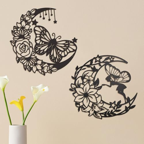 YunBey Juego de 2 Decoraciones Murales Metálicas, Arte Mural Boho Luna y Hada, Cuadros Murales Negros en Metal con Mariposa y Flores, Regalo Único para Mujer, Ideal para Salón, Dormitorio y Jardín